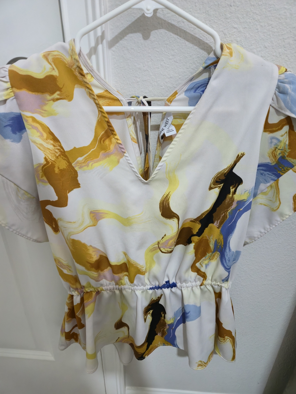 Nine West Abstract Marble V-Neck Peplum Top - White, Mustard & Blue